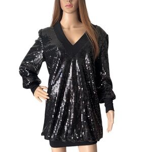 DOMINIC ROMPOLLO, Vintage Dress Black Sequin V-Neck Party